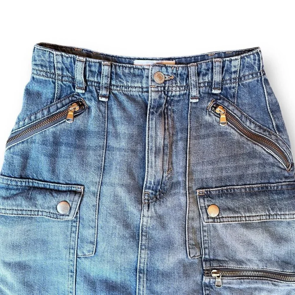 Free People Womens Avenue Mini Skirt Sz 25 Blue Denim Cargo Pockets Icon Wash